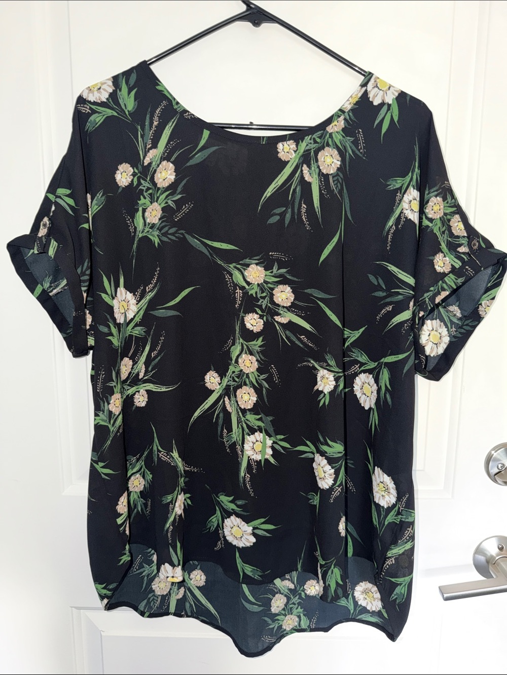 Maurices Floral Print Short Sleeve Blouse - Black/Green